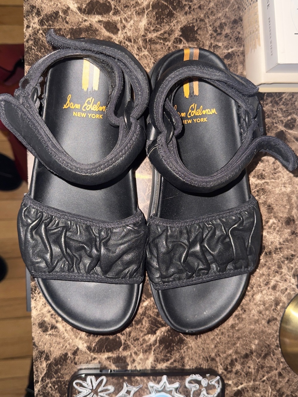 Sam Edelman Kids Black Ruched Strap Sandals with Gold Accent